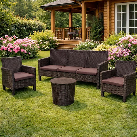 Мебель Ротанг СадКо 2 кресла, тройной диван и столик коричневый с коричневыми подушками купить в СОМ